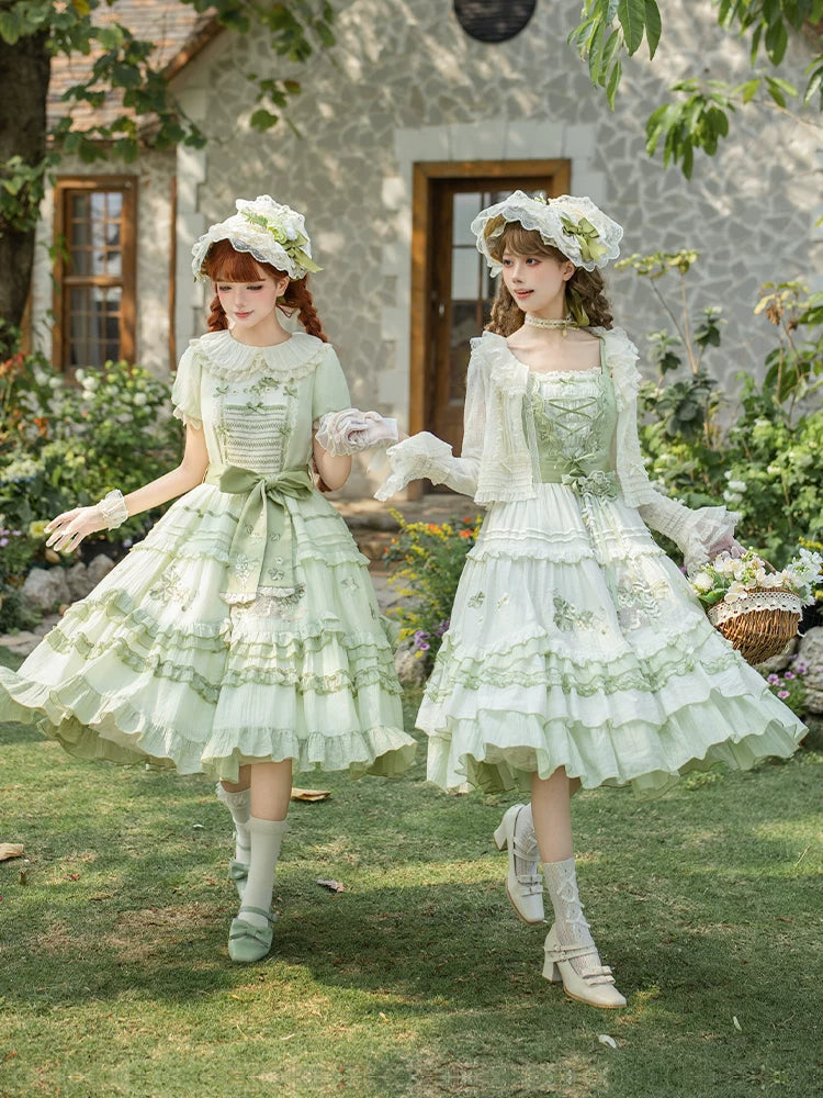 Green Grape - Embroidered Country Lolita OP Dress, Tiered JSK