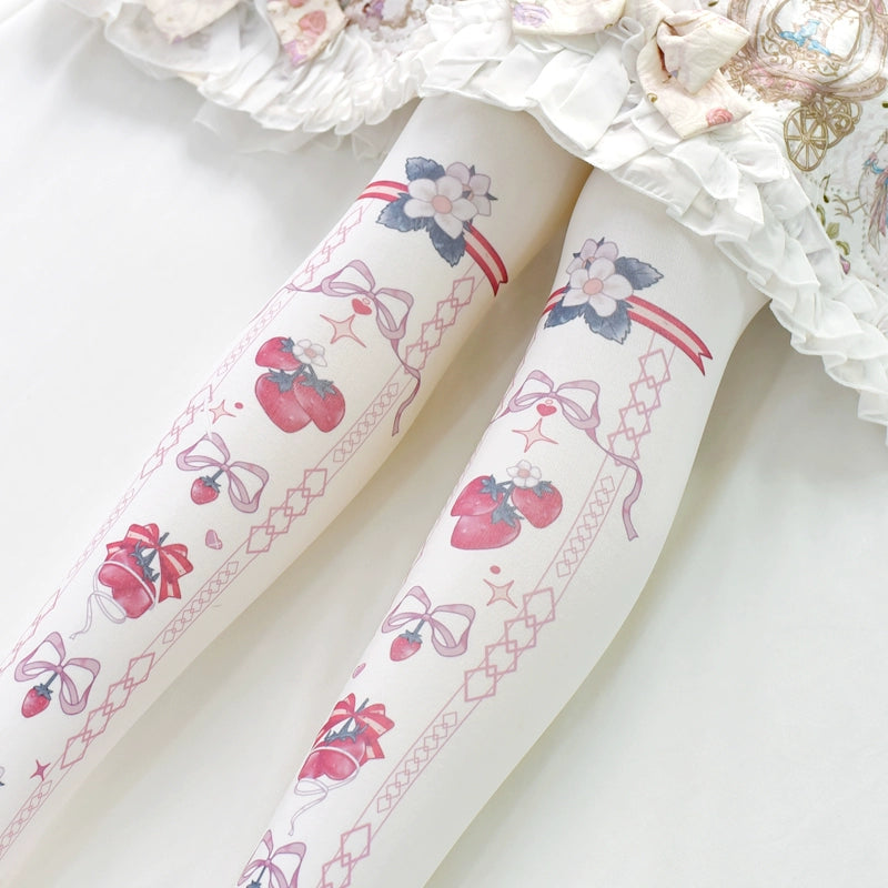 Wuxiaoliu - Sweet Lolita Tights Strawberry Bow Printing White Pantyhose