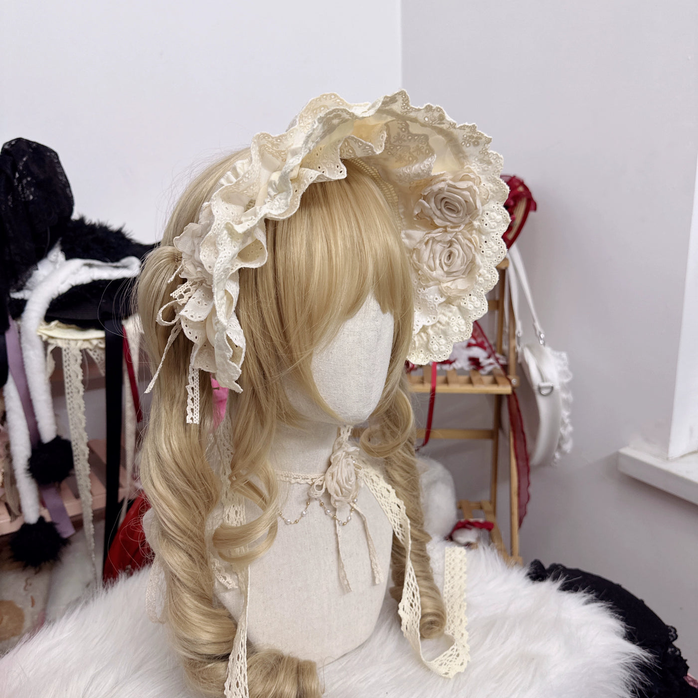 Chestnut Lolita~Handmade Cotton Lolita Bonnet Rose Elements BNT Beige  