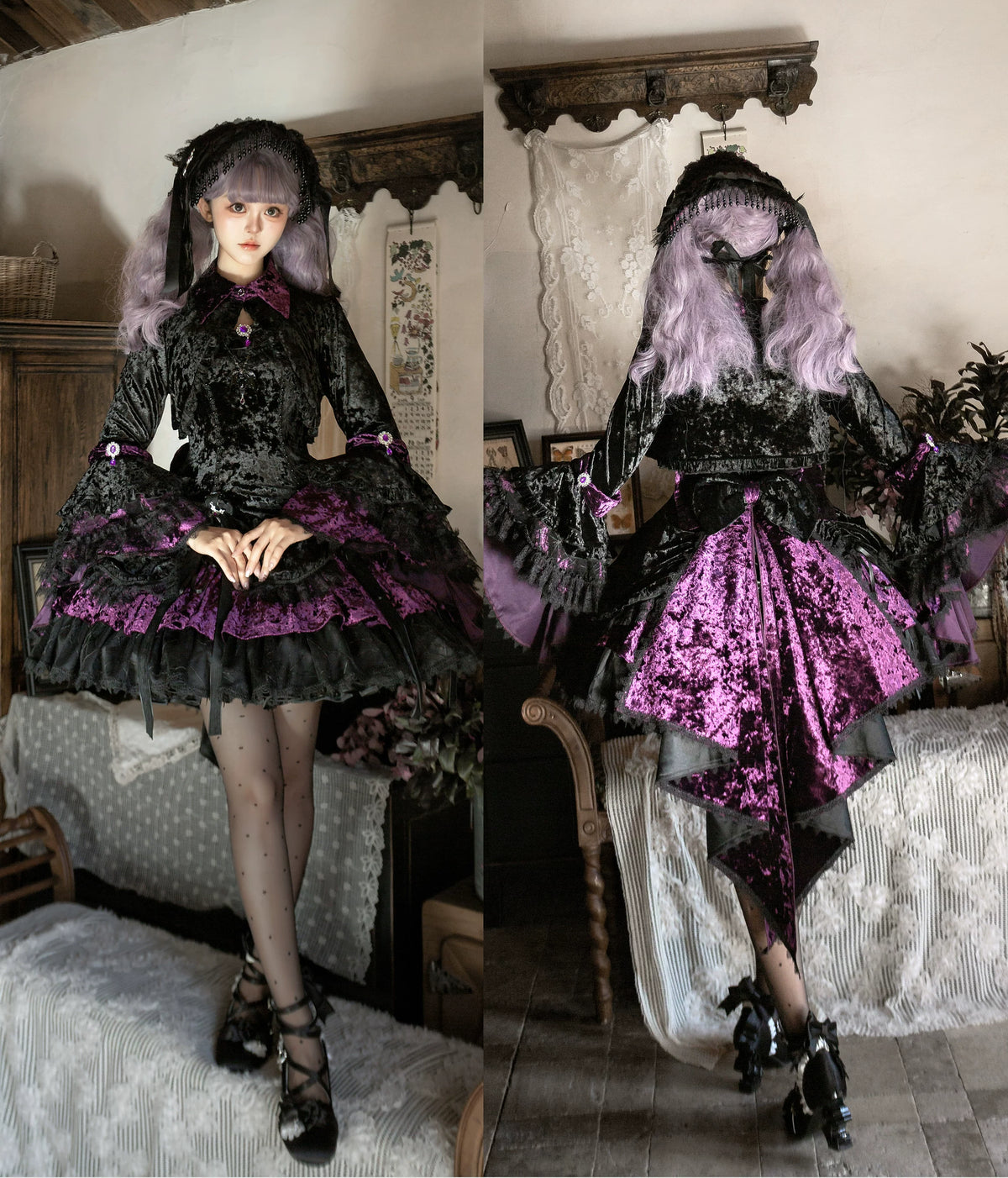 Dark Raven Poem - Gothic Lolita JSK & Bolero Dress Set, Diamond Velvet 45967:869791