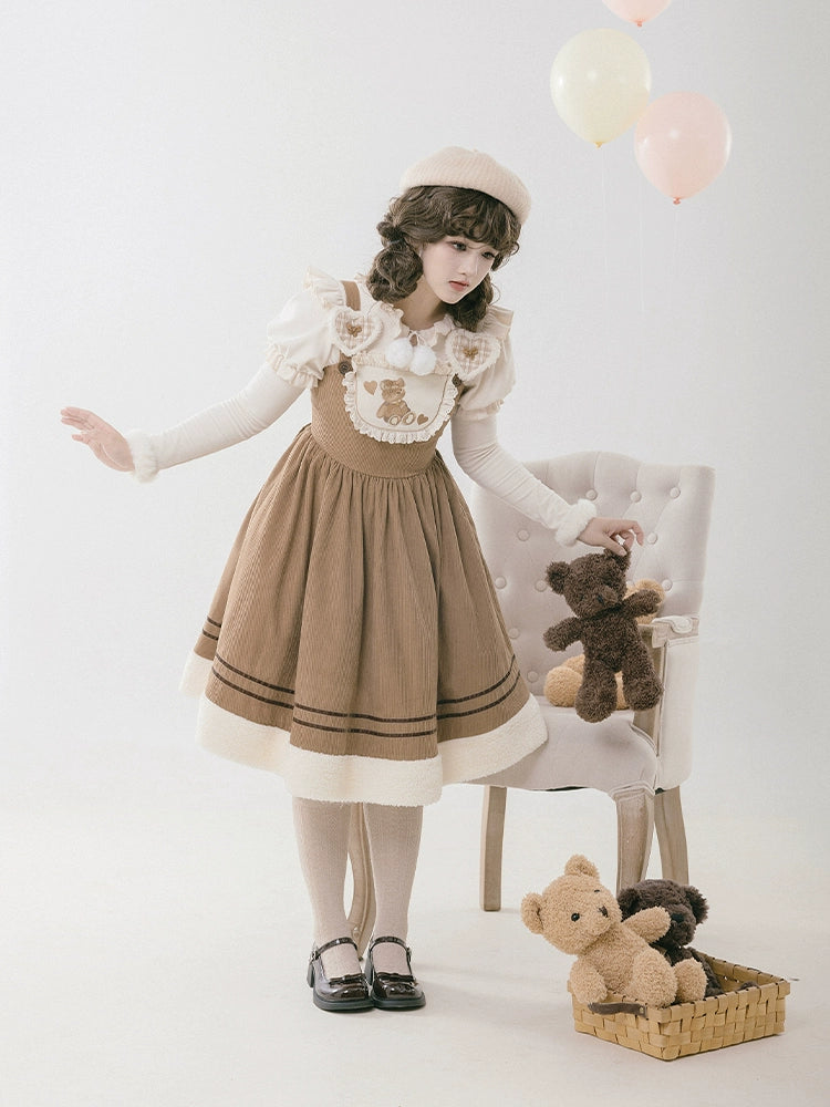 With PUJI~Urei's Dream~Kawaii Lolita Dress Velvet Bear Embroidery Winter JSK Dress   