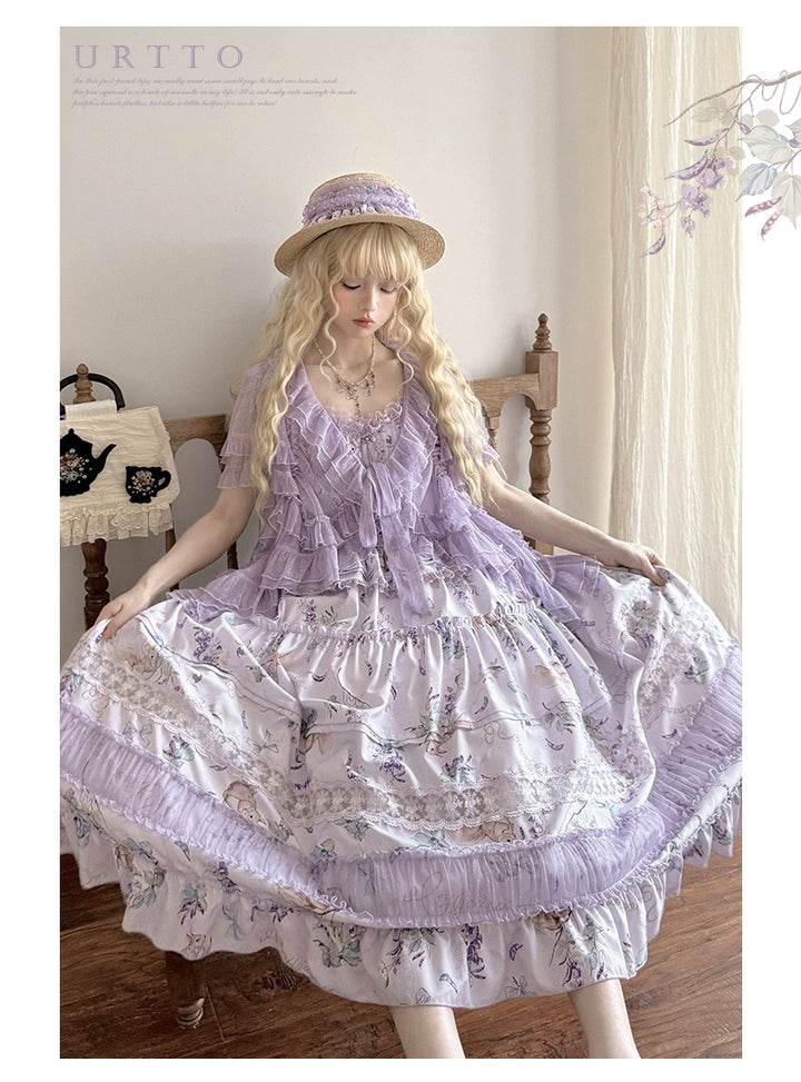 Urtto~Pea Squirrel~Country Lolita Purple JSK Dress with Tulle Cardigan