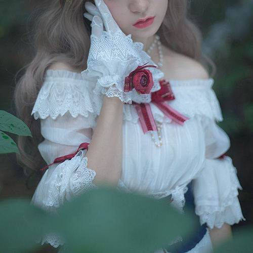 JS Lolita~Snow White in Forest Mist~Elegant Lolita Lace Split Type OP Set S blouse 
