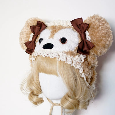 MAID~Winter Lolita Hat Plush Bear Ear Hat Coffee and pink (3D eyes)  