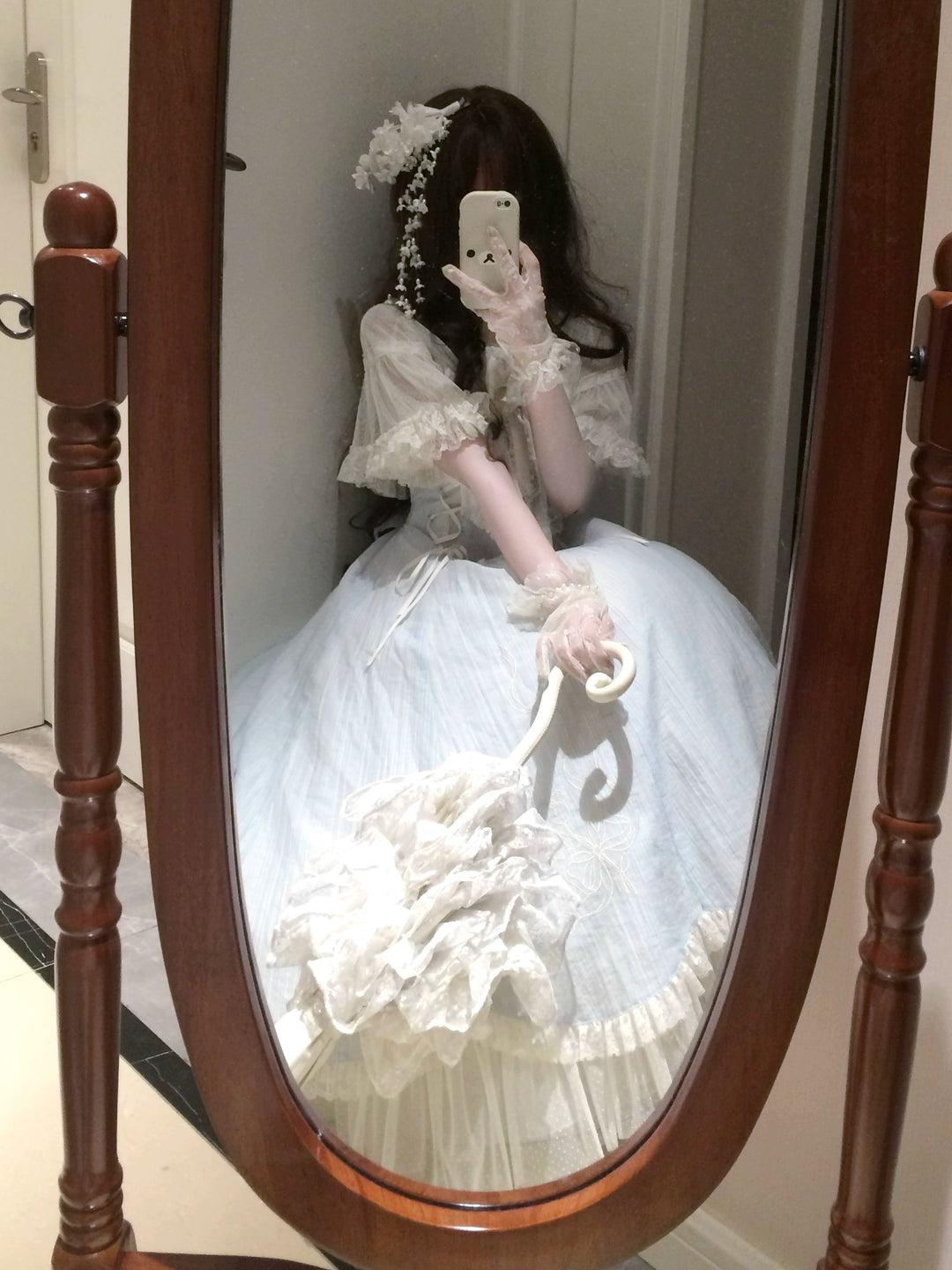 Kuma~Little Wind Chime~Elegant Lolita OP Water Blue Dress With Decorative Tulle Cape