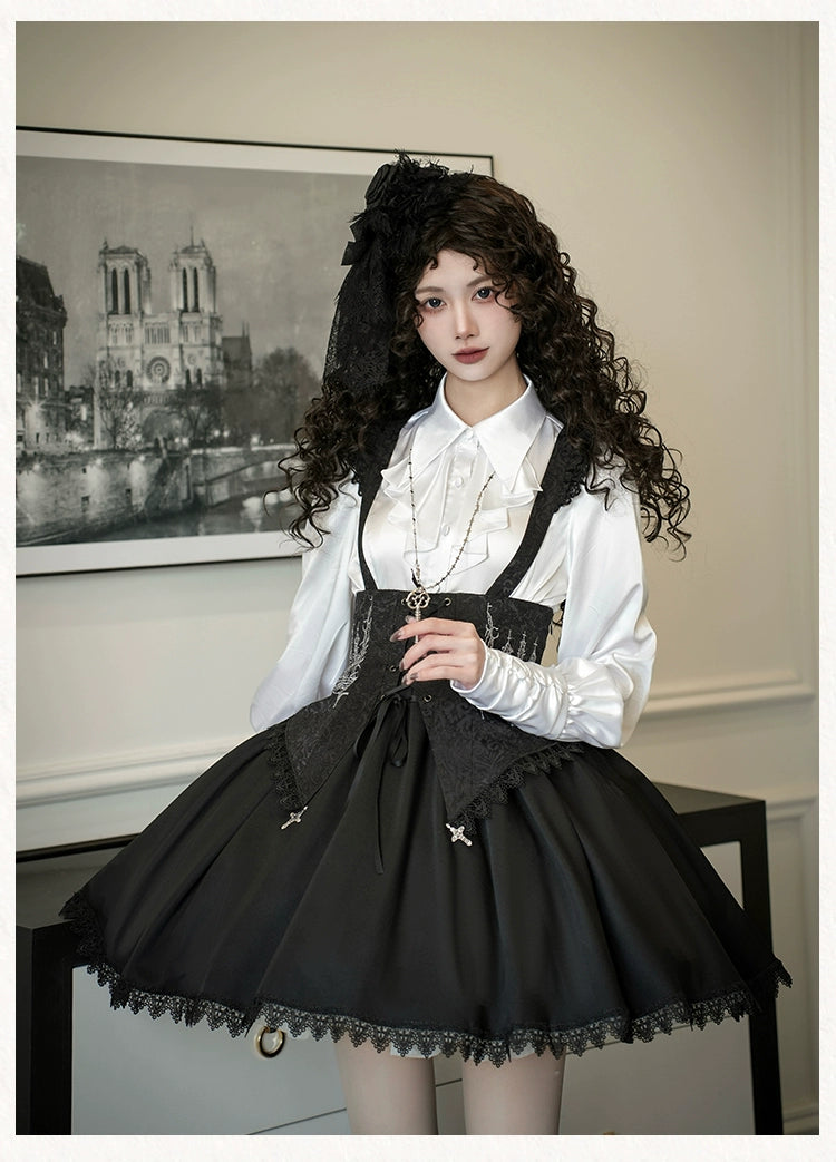 With PUJI - Thorn Night - Gothic Lolita Satin Shirt Solid Color Fake Two-Piece Blouse