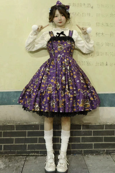 (Buyforme)Strawberry Alice~Mew Mew Witch Halloween Cat Print Lolita JSK purple color S 