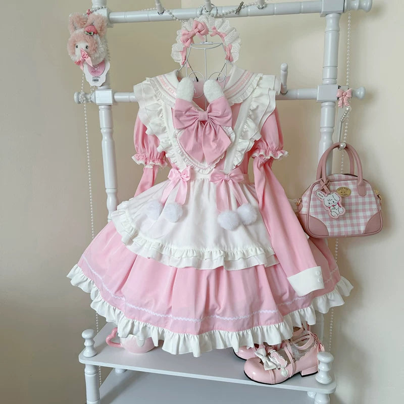 Sweet Bunny Pom-pom - Maid Lolita Bunny Ear Collar OP Dress, Detachable Apron Pink - (Short Sleeve OP + Apron) S