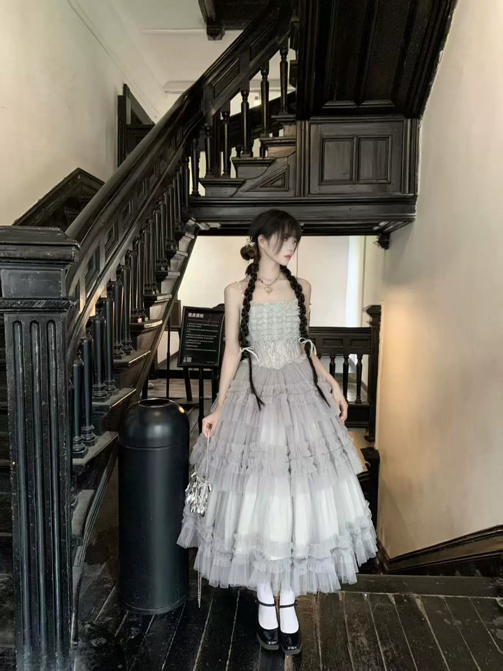 Sara Bell~Hailey~Elegant Lolita JSK Dress with Large Tiered Voile Hem Mist Grey S