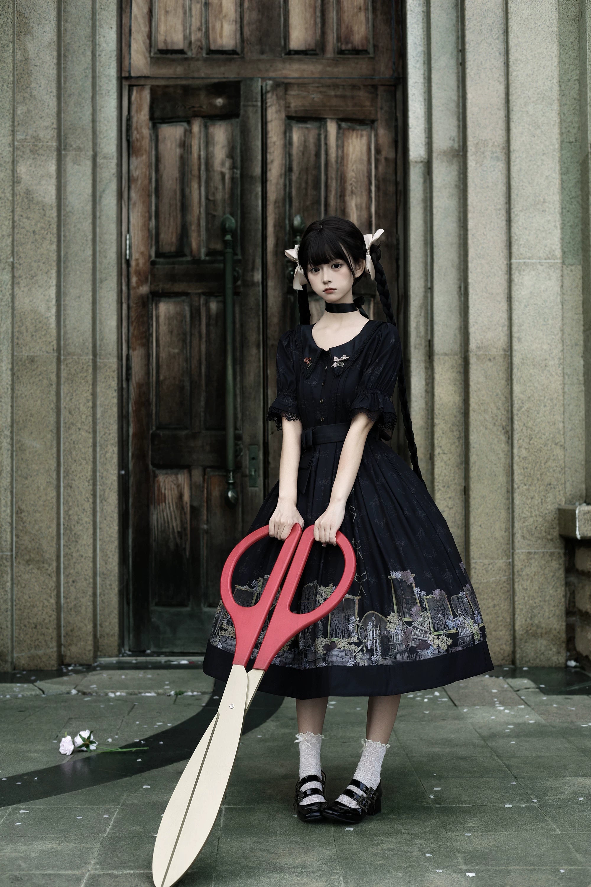 Window of Shadows - Plus Size Gothic Lolita OP & JSK, Window and Floral Print 45889:866706