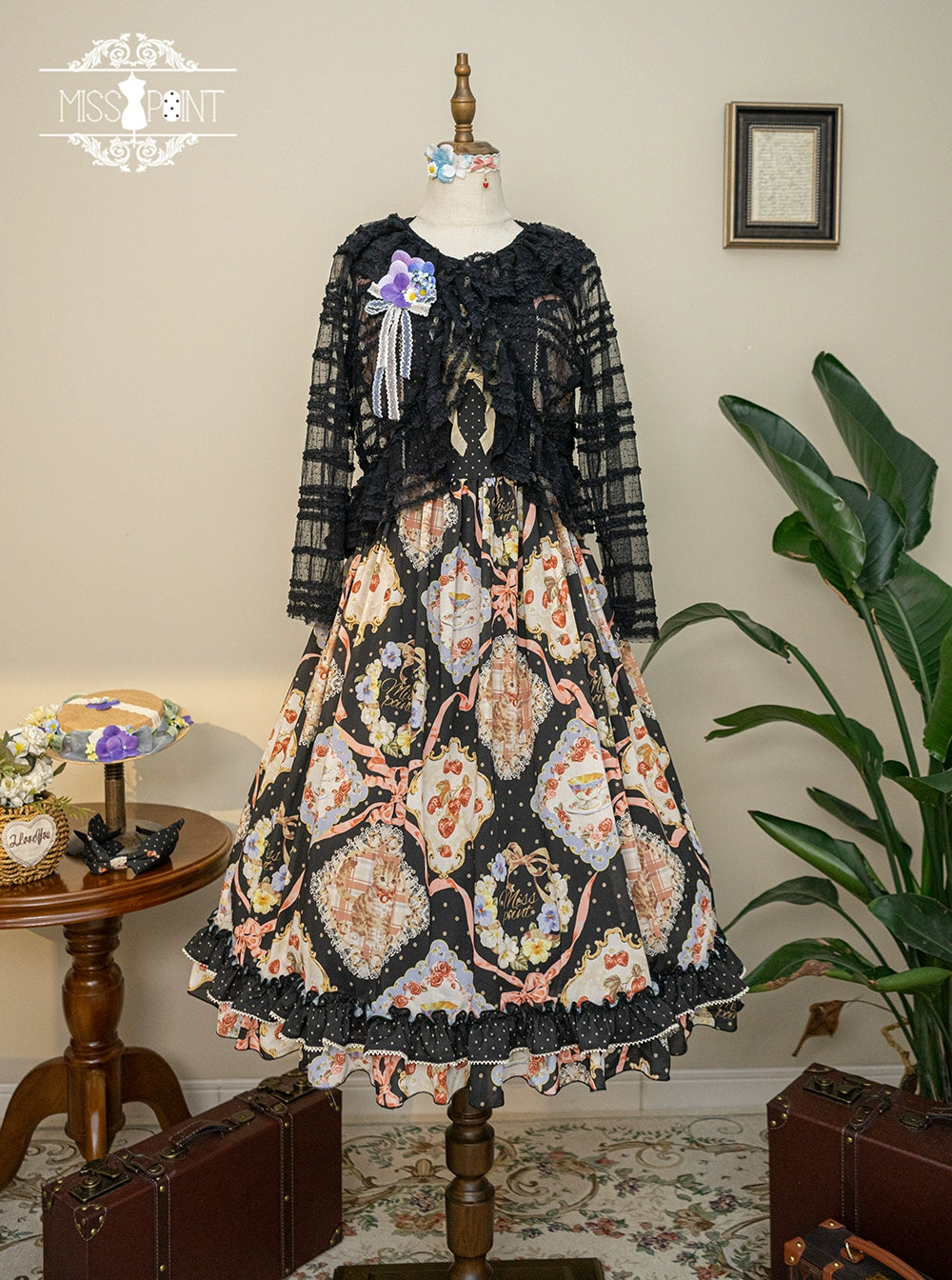 Miss Point~Cat Rose Tea~Sweet Lolita Tulle Cardigan and Long Skirt Overlay