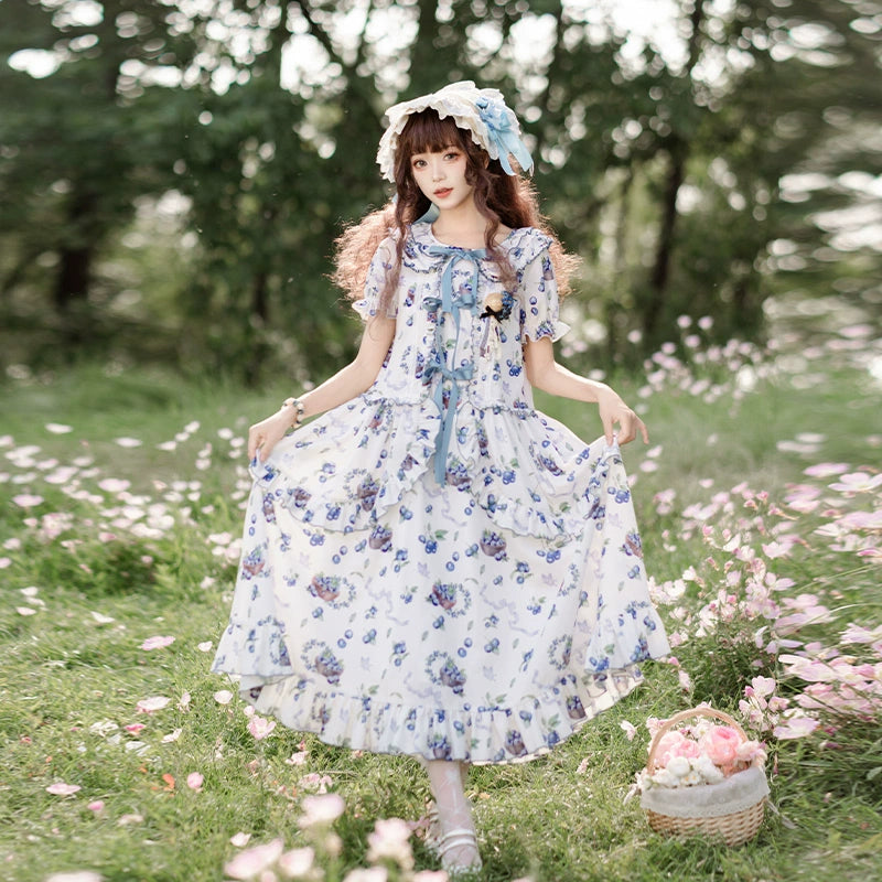 With PUJI~Berry Basket~Country Lolita OP Dress Blueberry Print Dress   