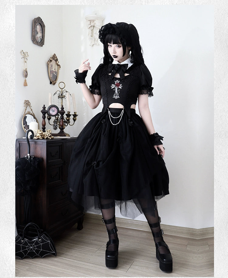 With PUJI~Evil Flower~Gothic Lolita Skirt Set Rose Embroidered Hollow Out Blouse 39596:631106