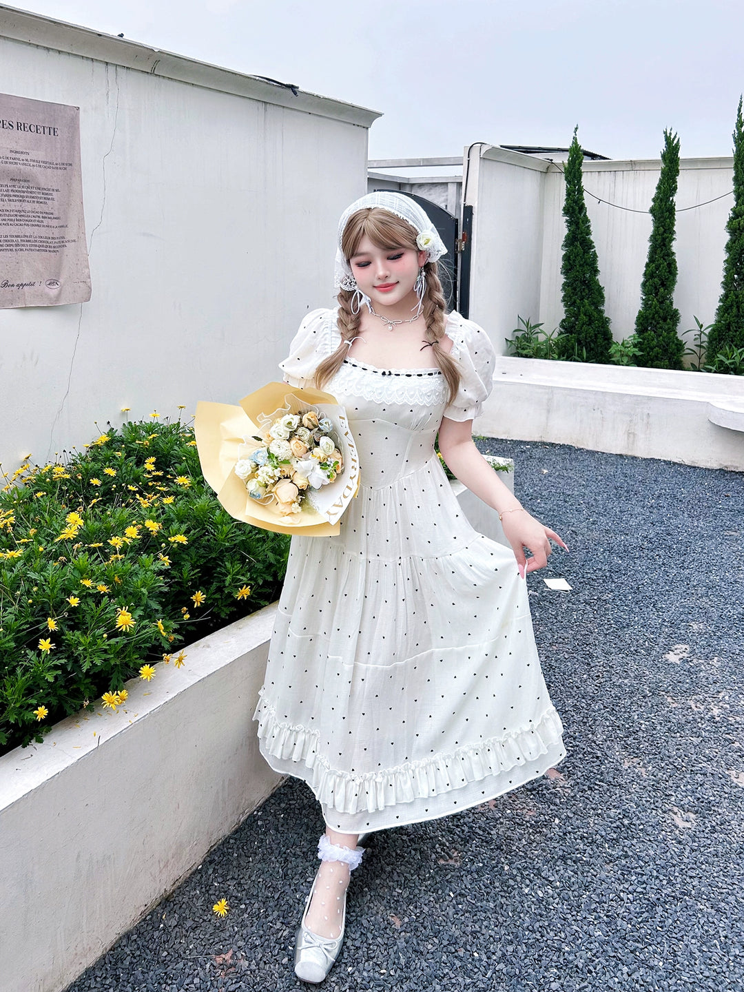 Yingtang~Plus Size Lolita Dress Polka Dot White Black Short Sleeve OP white dress XL 