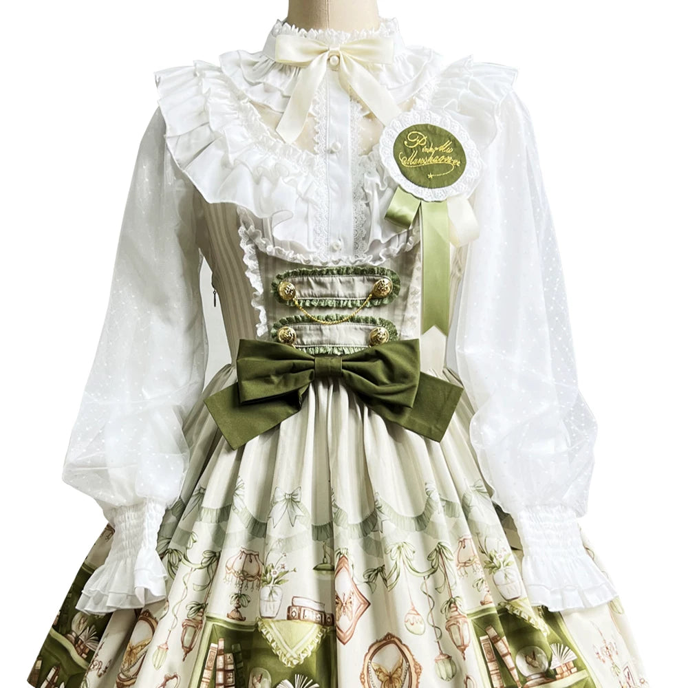 Aurora's Bookroom - Classic Lolita Bust-support JSK Dress with Bookstore Print White Blouse Only S