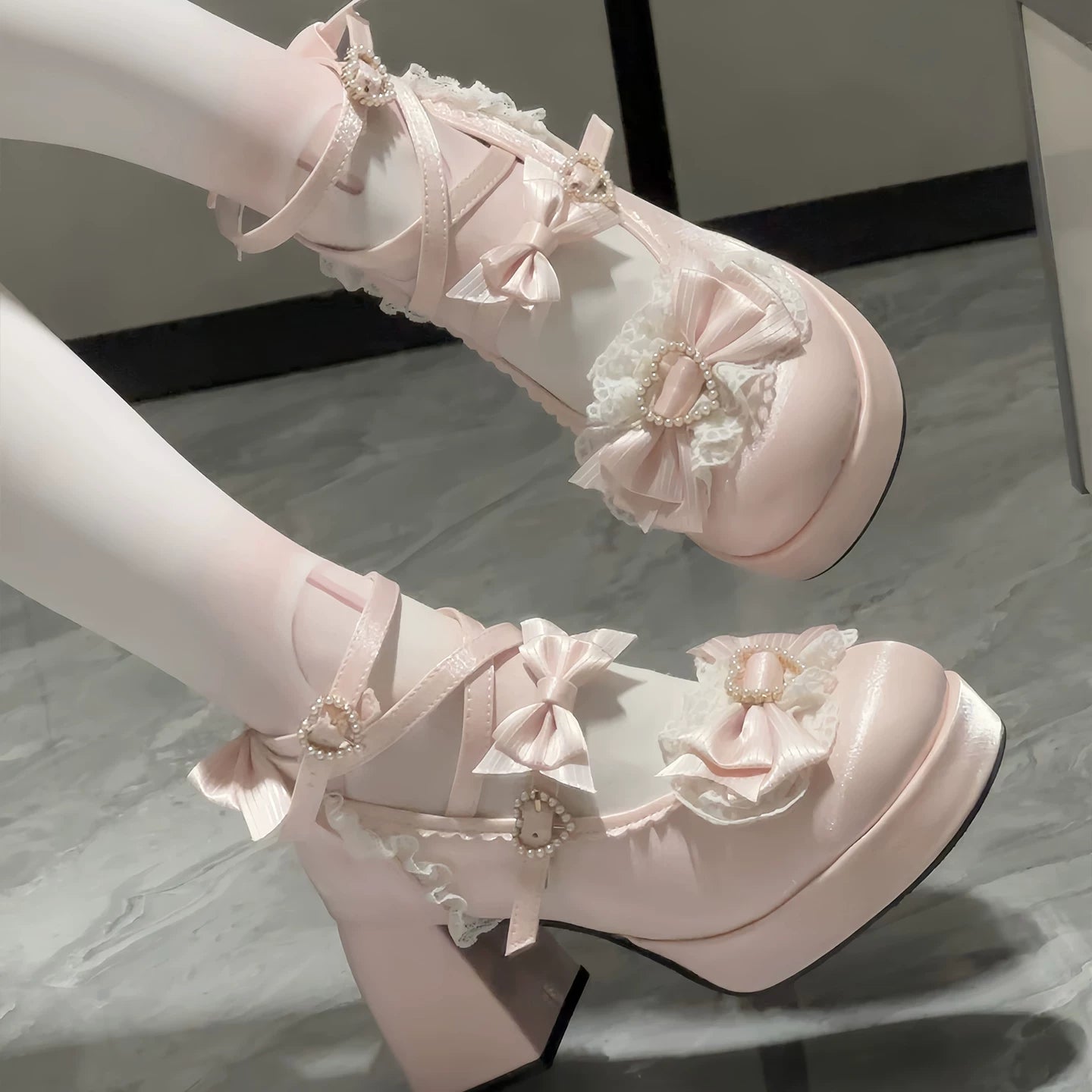 Romance of Hearts - Sweet Lolita Chunky Heeled Shoes, Pearl Heart Accents (Pink / 34 35 36 37 38 39 40 41) 45692:859287
