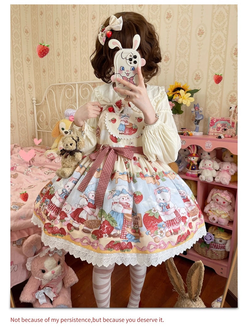 Akiyama Future Studio~Strawberry Sheep~Sweet Lolita Salopette Strawberry Sheep Print Dress S A pair of side clips