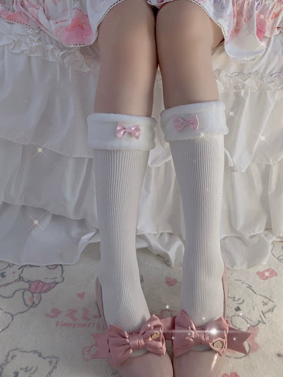 Roji Roji~Bowknot Winter Lolita Socks Fluffy Mid-Calf Lolita Socks Free size Pink bow 