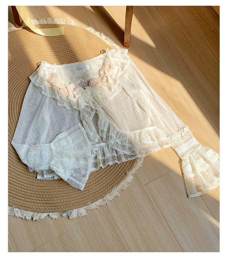 With PUJI~Flower Visage~Summer Lolita Sheer Cardigan with Rose Brooch 42927:759147