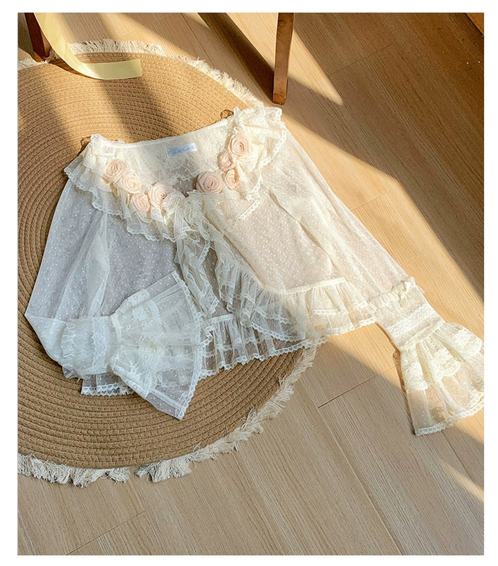 With PUJI~Flower Visage~Summer Lolita Sheer Cardigan with Rose Brooch 42927:759147