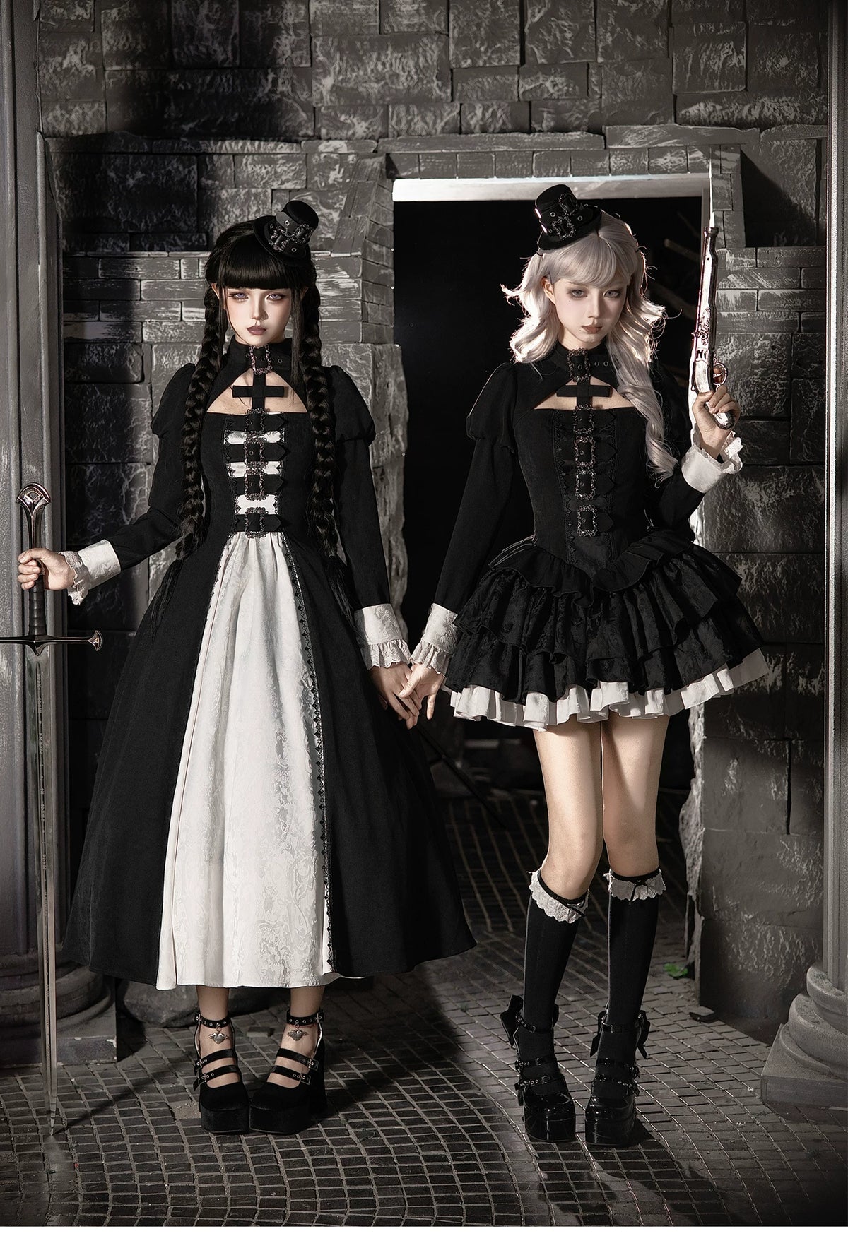 Klein - Black and White Gothic Lolita OP Dress Set, Metal D-rings 45996:871450