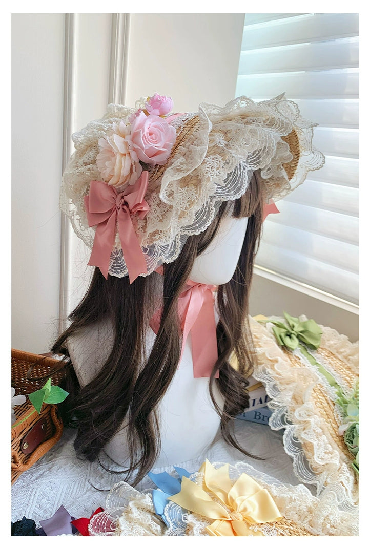 With PUJI~Floral Language~Country Lolita Lace Bow Flat Cap Straw Hat   