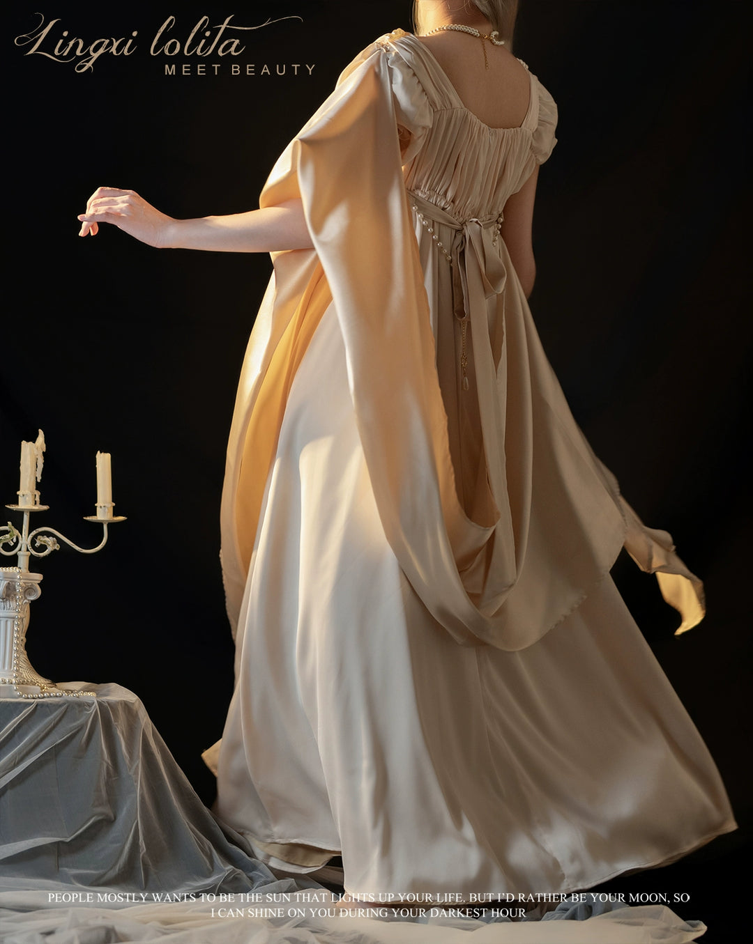 Lingxi Lolita~Ophelia~Vintage Lolita OP Dress Empire Waist Satin Dress   