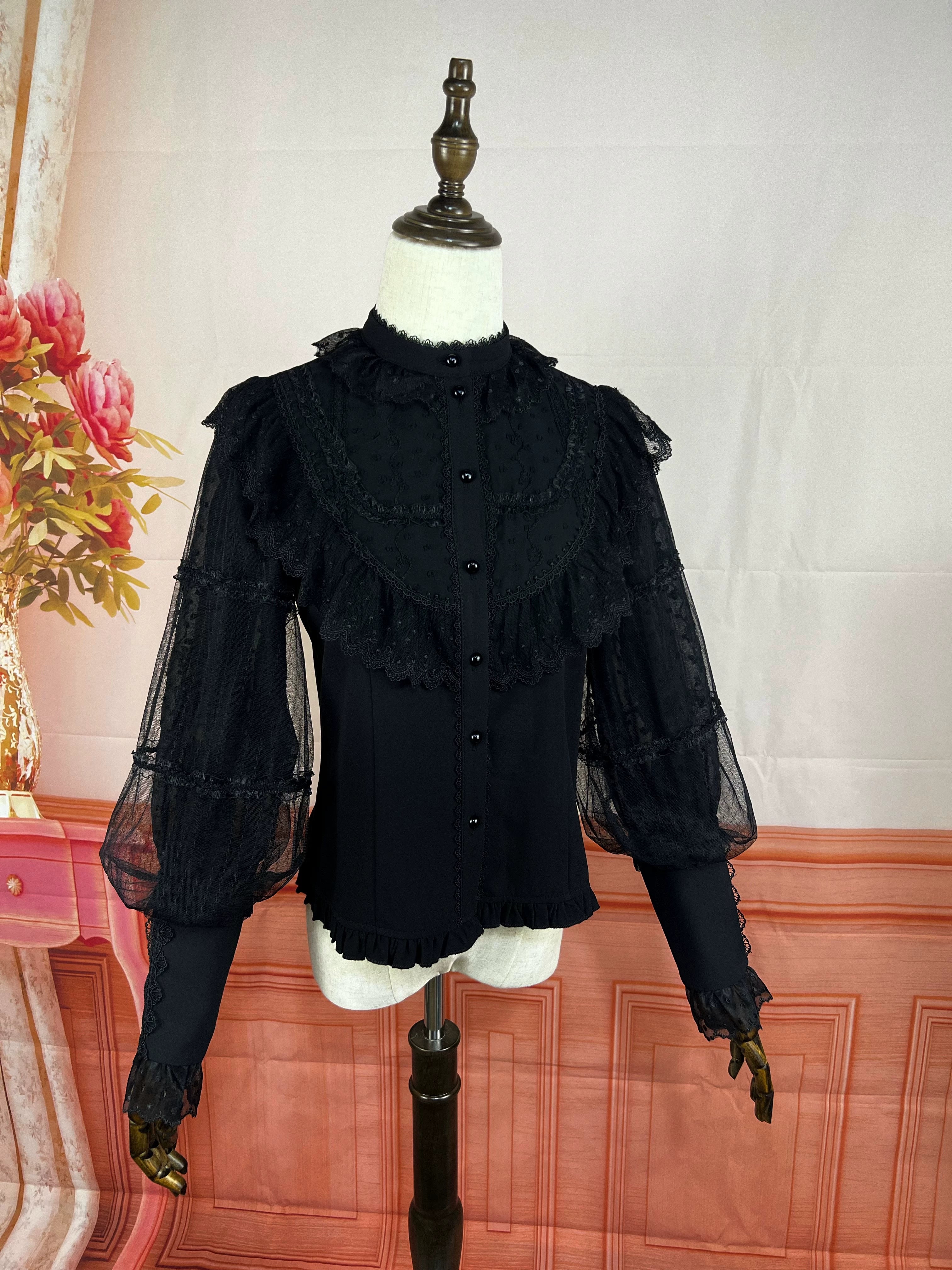 DMFS Lolita - The Heart of the Rose - Elegant Retro Lolita Skirt High Waist SK Blouse S Black shirt-Stand collar