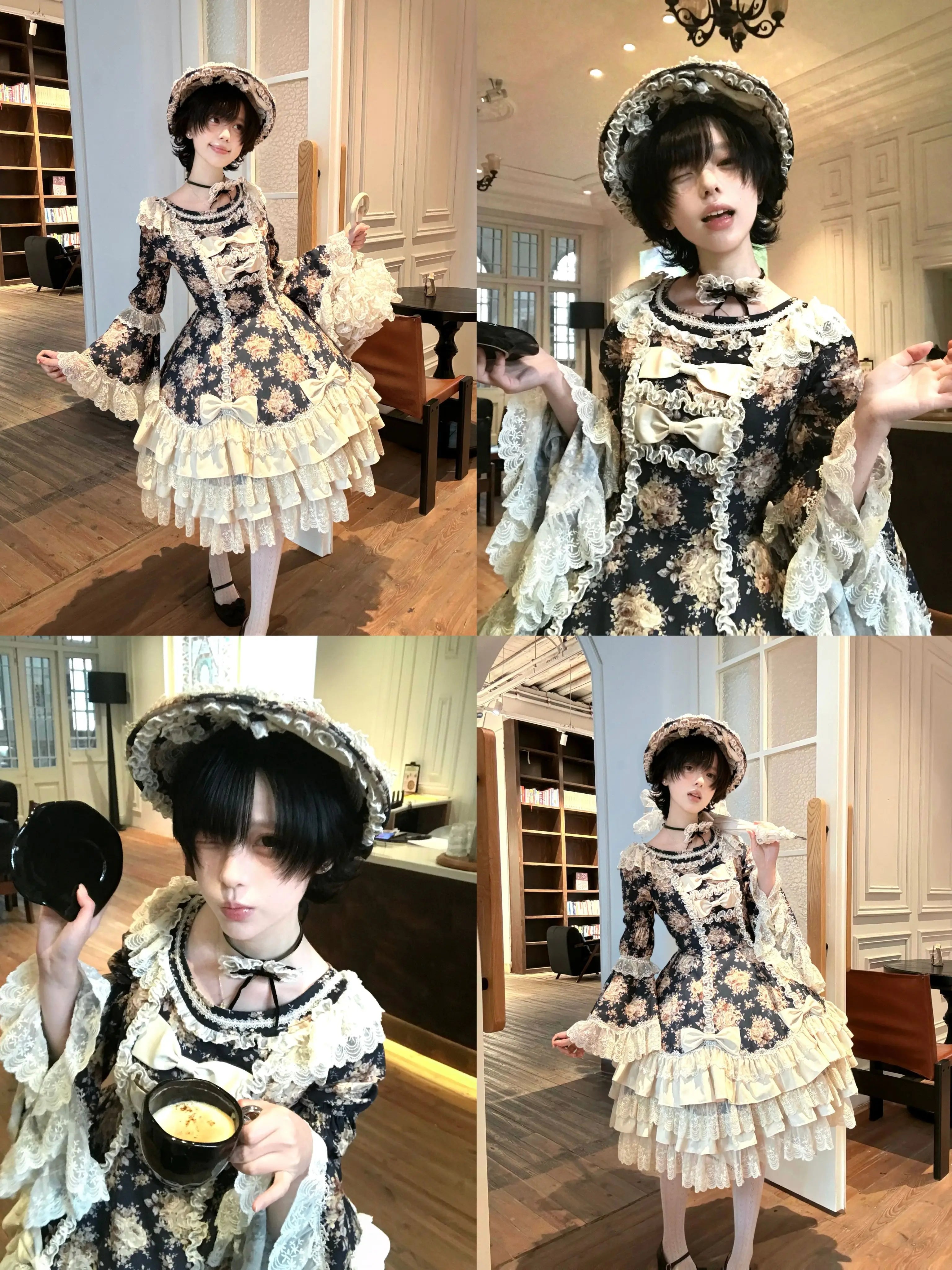 Diana Rose Wall - Old School Lolita Rose Print OP Dress, Side Zipper (2XL L M S XL XS) 44903:827189