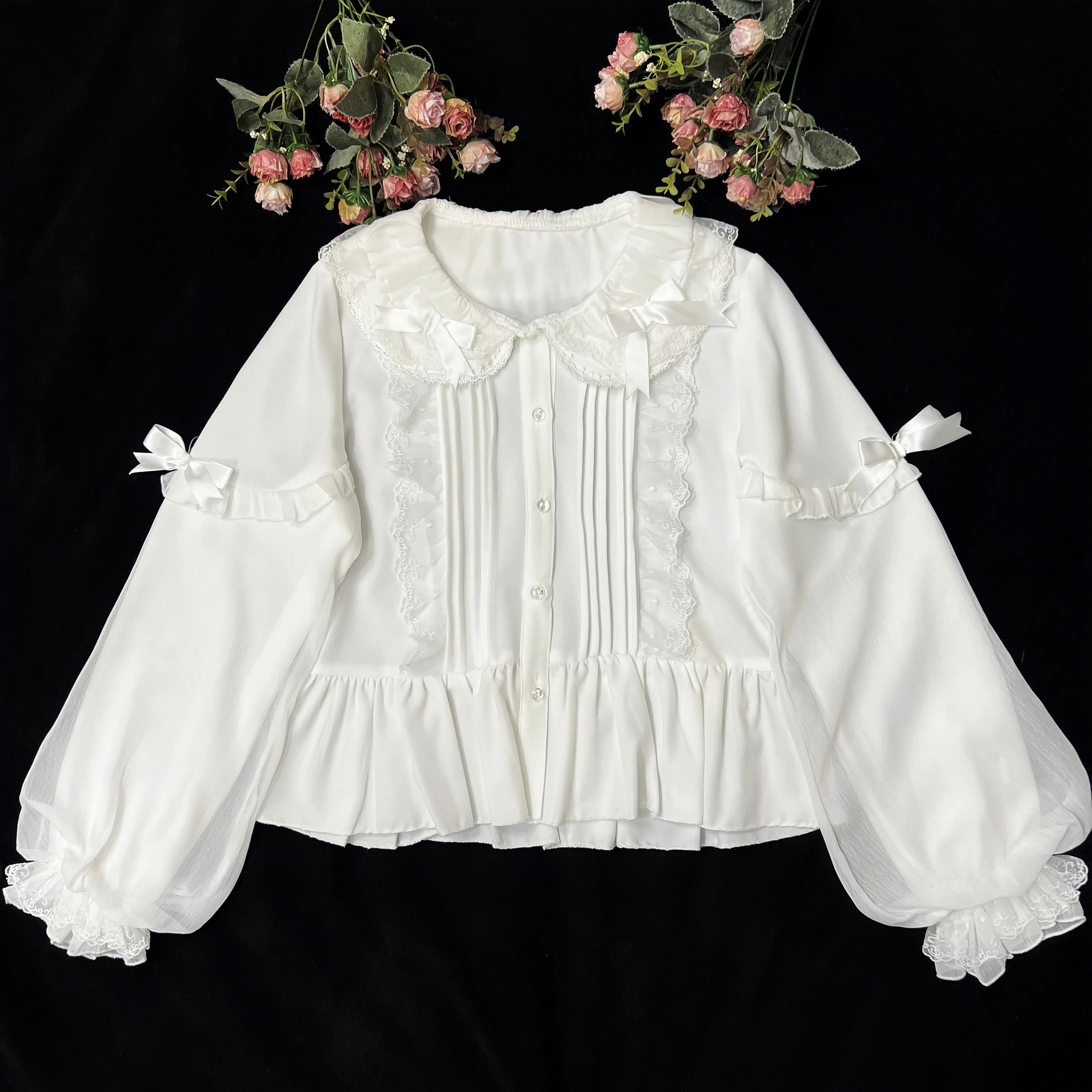 DMFS Lolita - Sweet Lolita Blouse Double-layered Puff Sleeves Lolita Shirt S Milky white