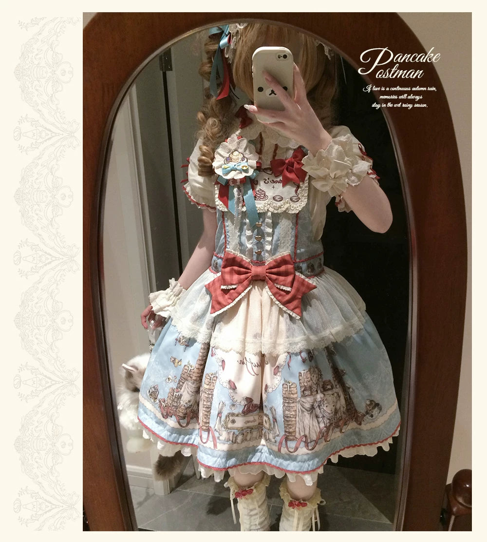 Pancake Postman - Kawaii Lolita Printed OP & Salopette Dress, Lace & Bows