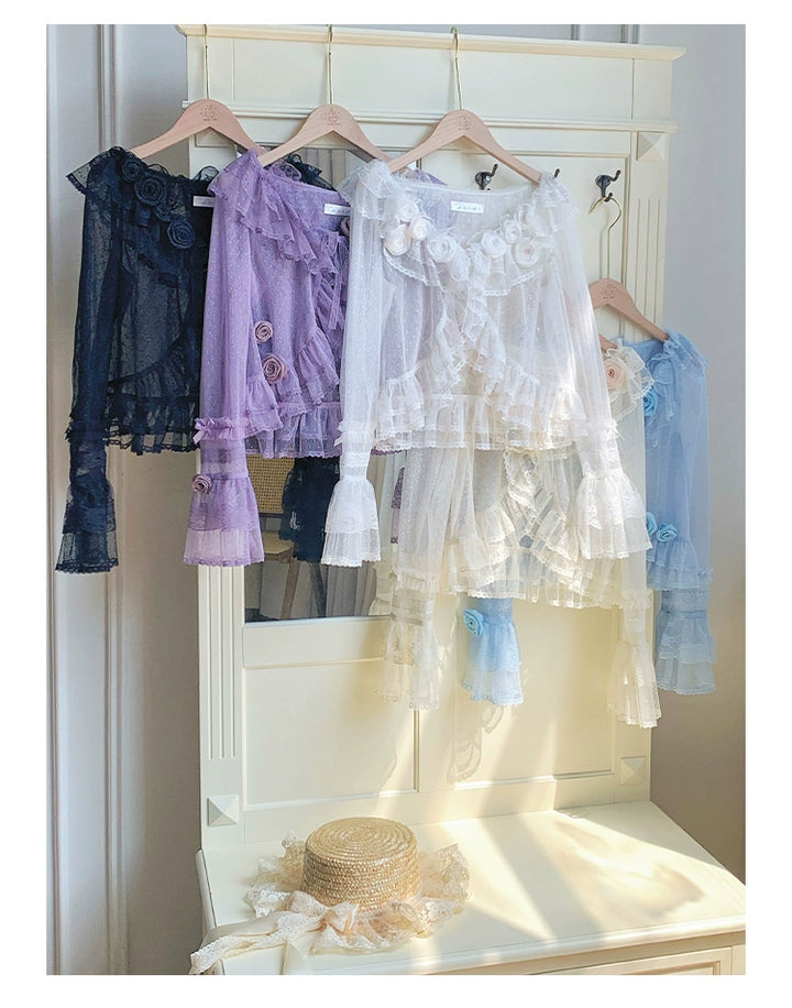 With PUJI~Flower Visage~Summer Lolita Sheer Cardigan with Rose Brooch 42927:759131