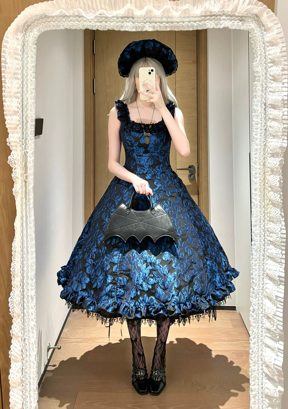 Midnight Lily - Gothic Lolita Lily Jacquard JSK Dress, Drawstring Lift-up Hem 45765:861833