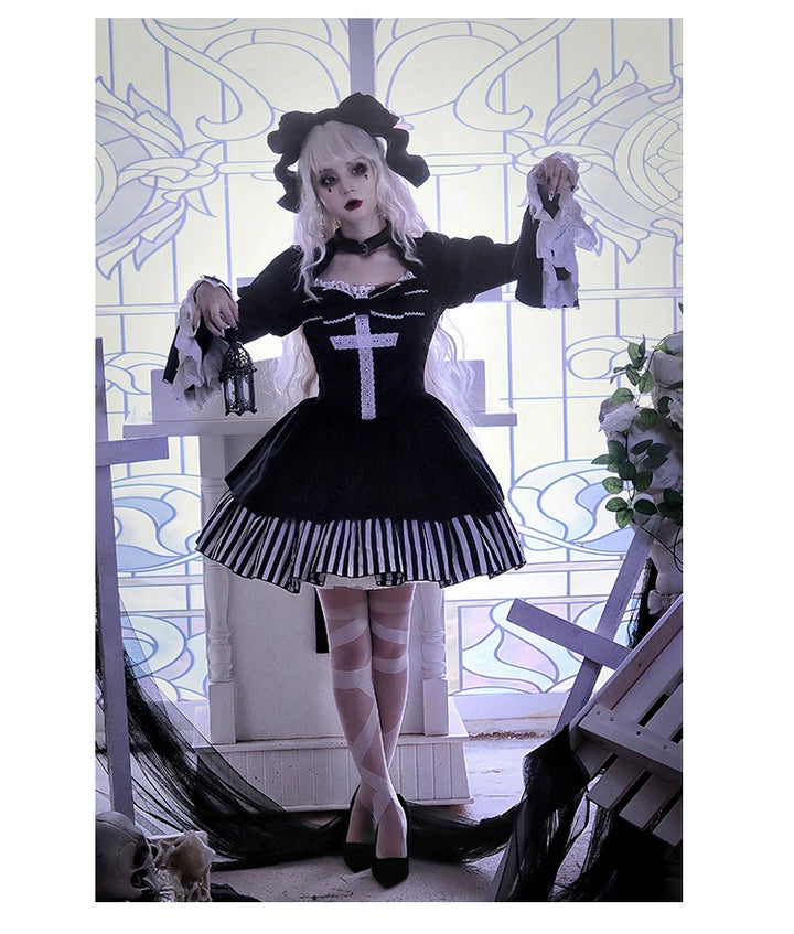 With PUJI~Requiem of Peace~Gothic Lolita Halloween Dress Fake Two-Piece OP   