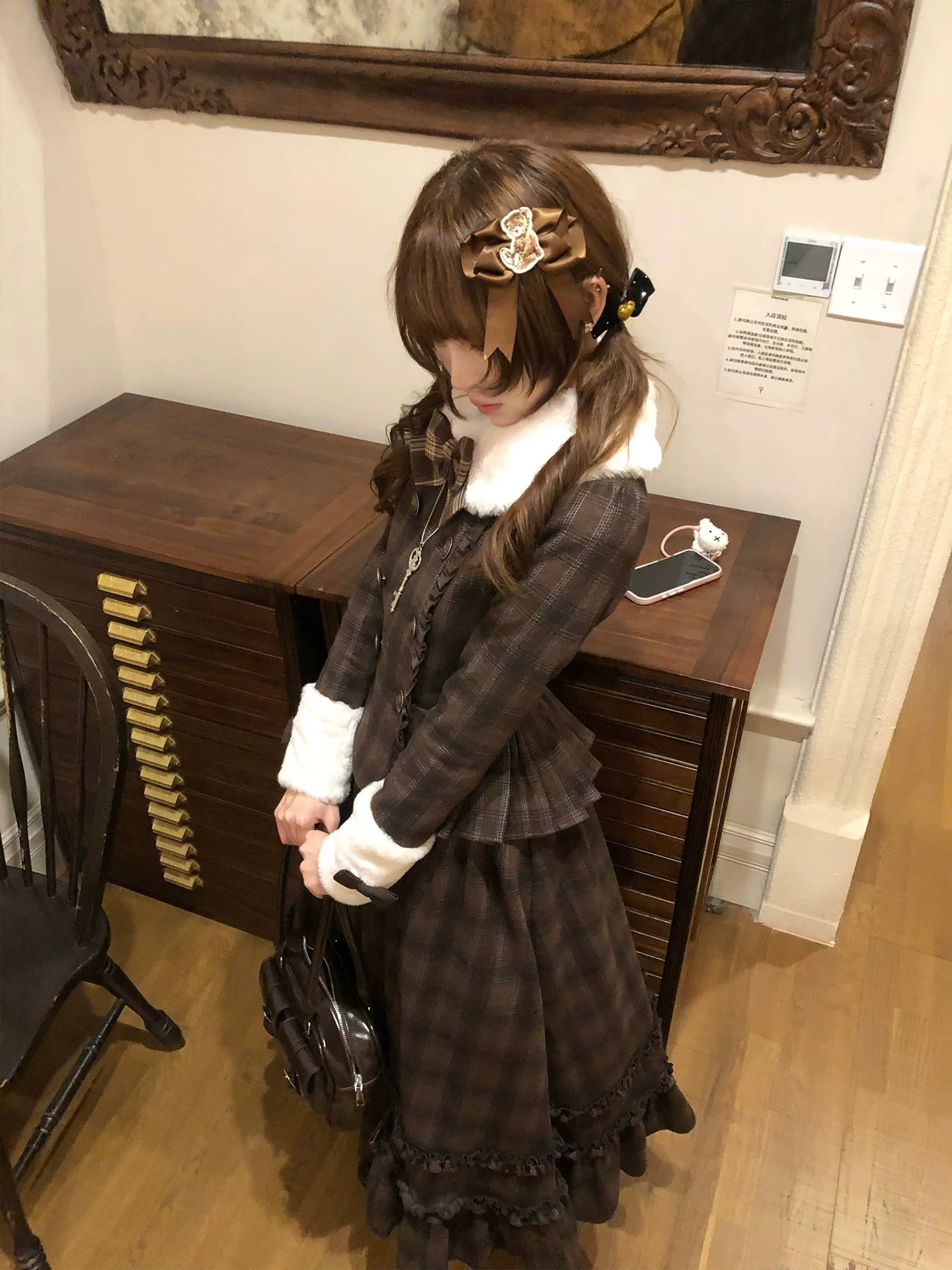 Filled Chocolate - Winter Classic Lolita Plaid Coat Set, Detachable Plush Collar 45900:867125