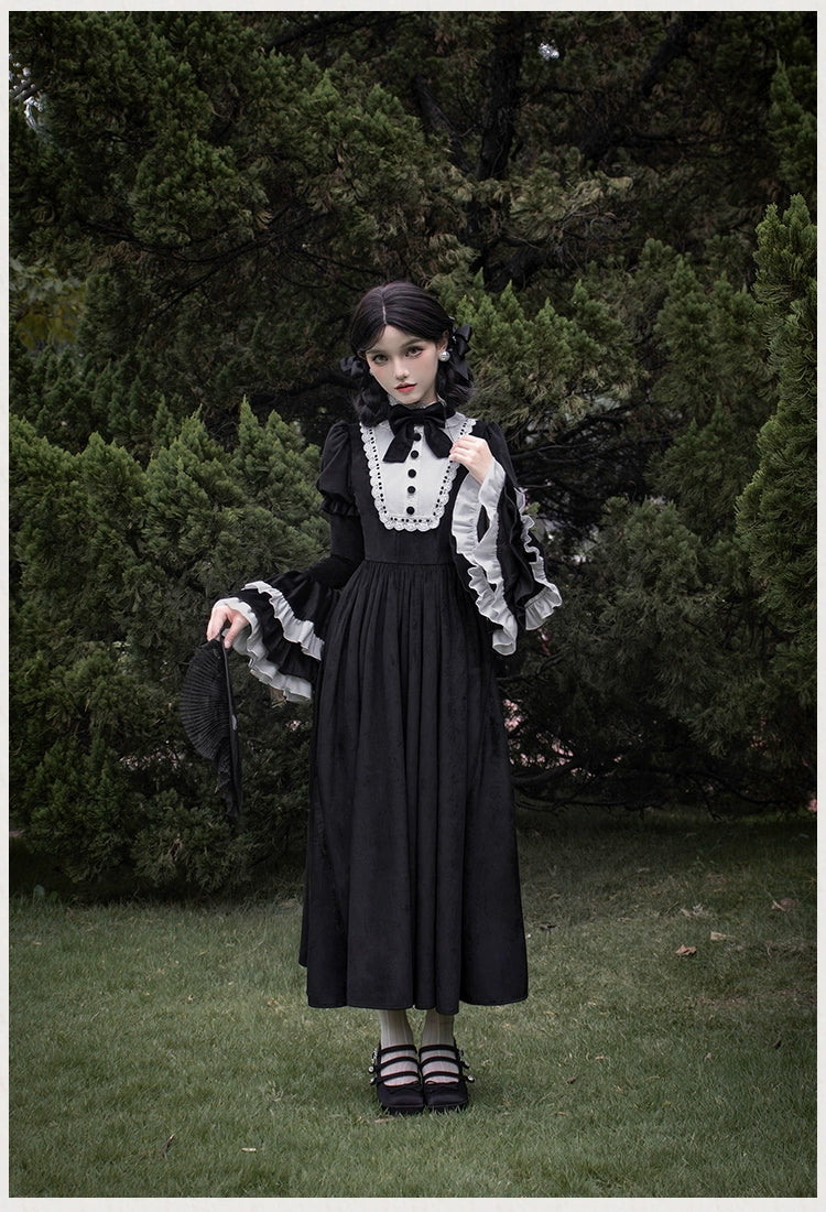 With PUJI~Sleepless Night~Classic Lolita Black OP Dress White Princess Sleeves   