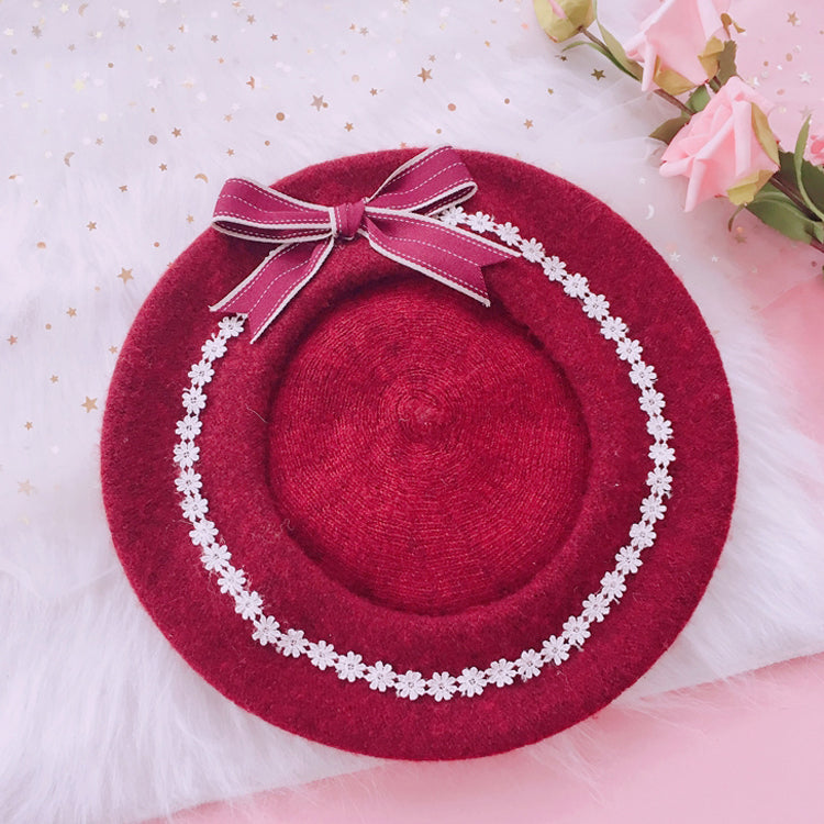 FanMengJia~Sweet Lolita Beret Woolen Bow Lolita Hat M Burgundy lace beret + a pair of clips 