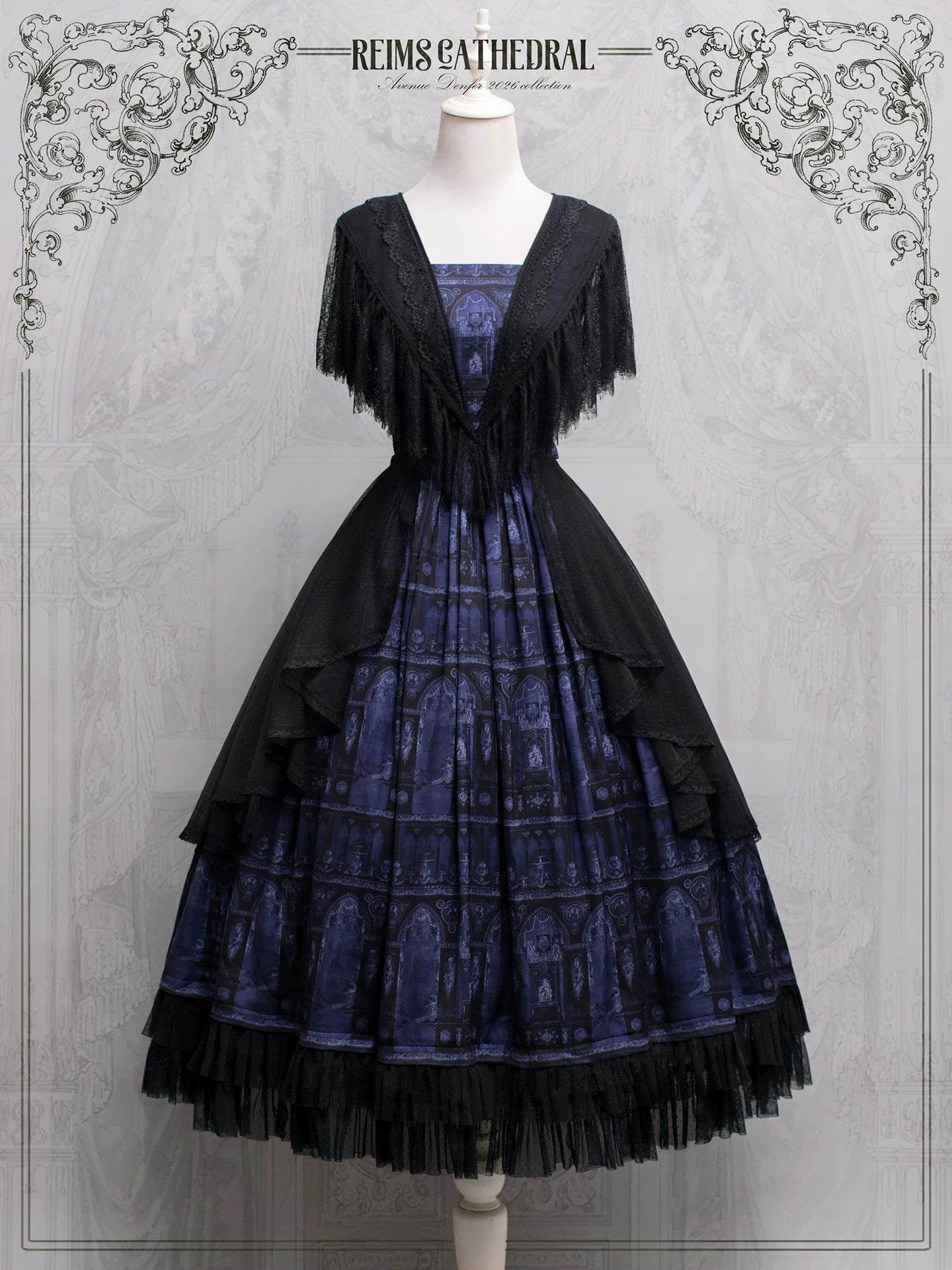 Reims Cathedral - Printed Classic Lolita Dress, Detachable Gauze Outlayer 44701:819142