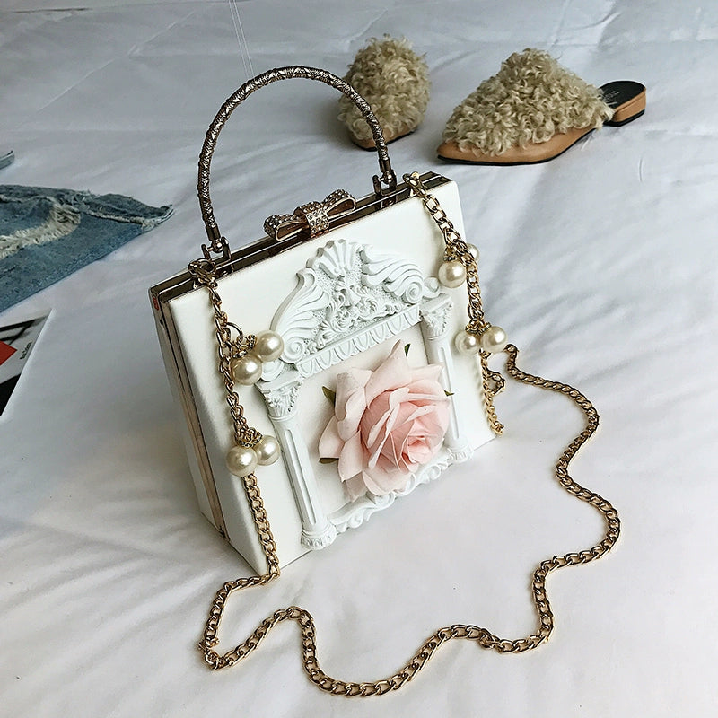 Prime Sister - Gothic Lolita Retro Bag Baroque Square Crossbody Bag White (Rose Pattern)