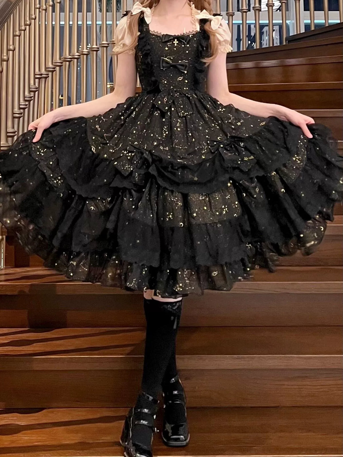 Star Wish - Classic Lolita JSK Dress, Gold Foil Constellation Chiffon 45954:869287
