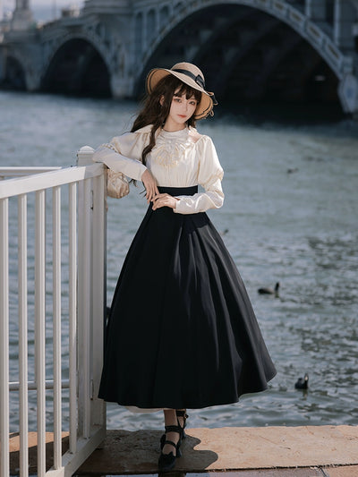 With PUJI~Roman Holiday~Classic Lolita OP Dress Faux Two-Piece Long Sleeve Dress Spring OP S 