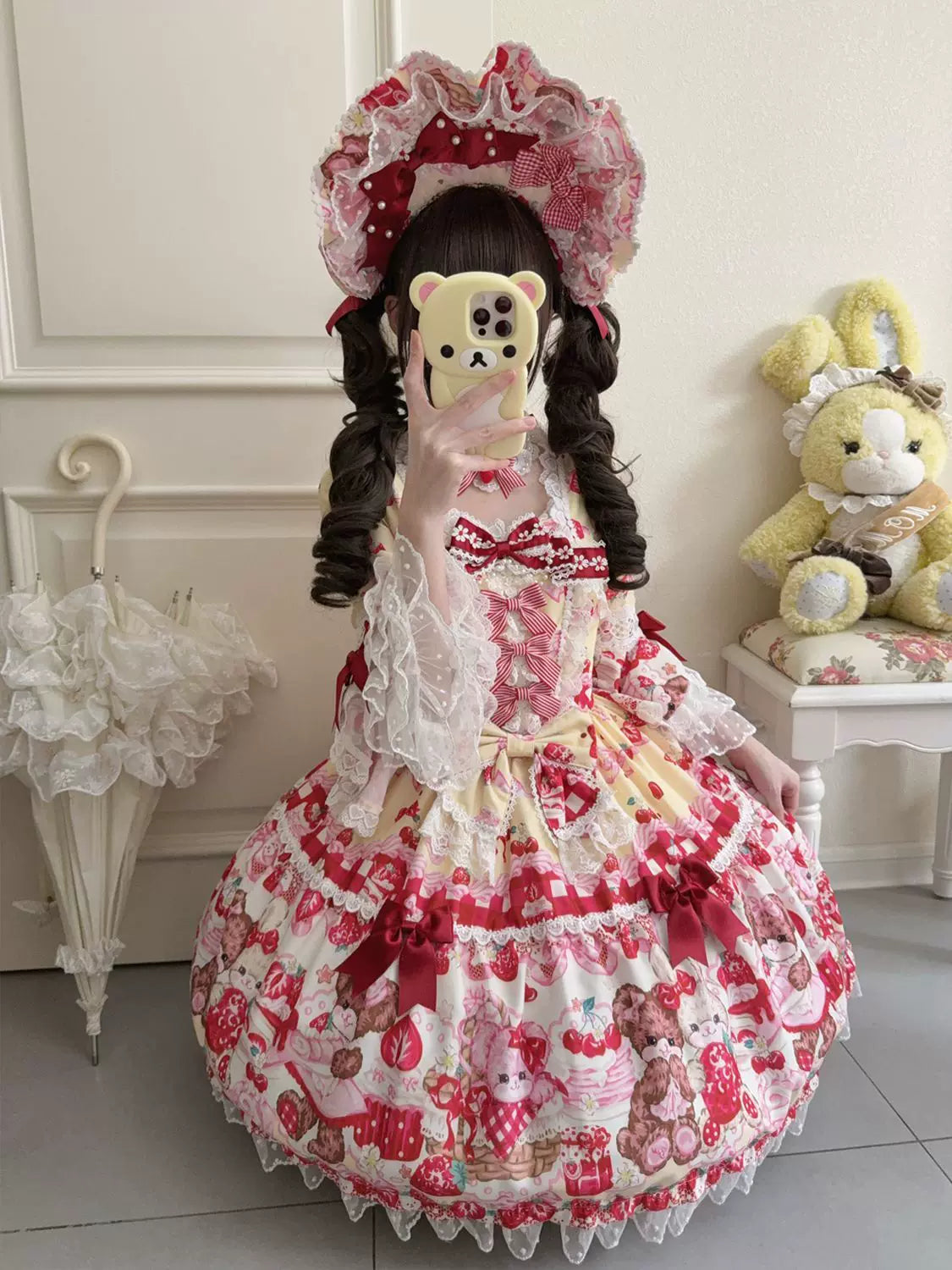 SweetBerry Bunny Bear - Sweet Lolita Hime Sleeve OP Dress, Strawberry and Bear Print