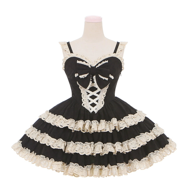 To Alice~Dear dolls~Old School Lolita Three-Tiered Suspender Dress Set S Black suspender dress 