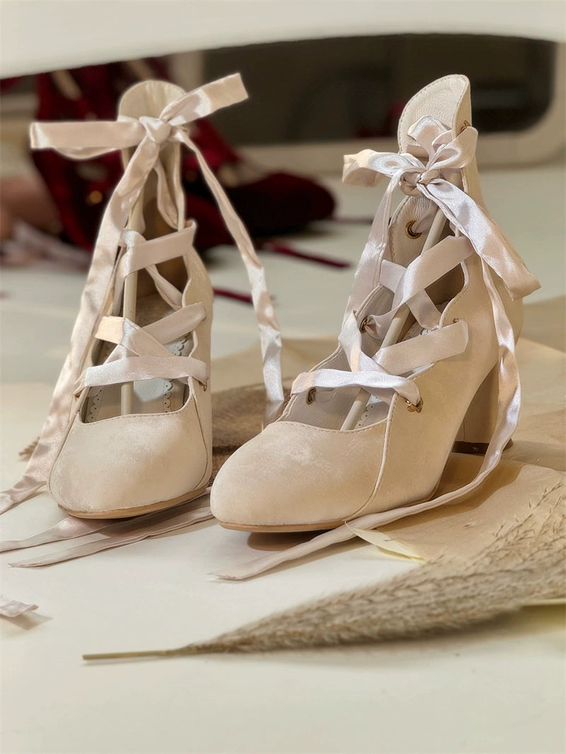MR.Qiutian - Forbidden Dance - Elegant Lolita Velvet Shoes, Adjustable Lace-Up Straps