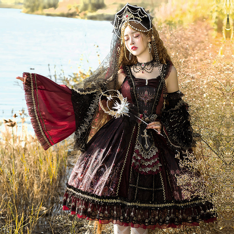 YingLuoFu - Black Red Retro Palace Elgant Classical Lolita JSK fullset (jsk +sleeves+veil+choker+bow) S