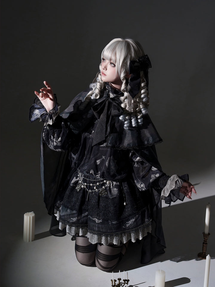 Sing a lullaby for you~Believer~IP Collab Gothic Lolita OP Dress Set Printed Hooded cape   