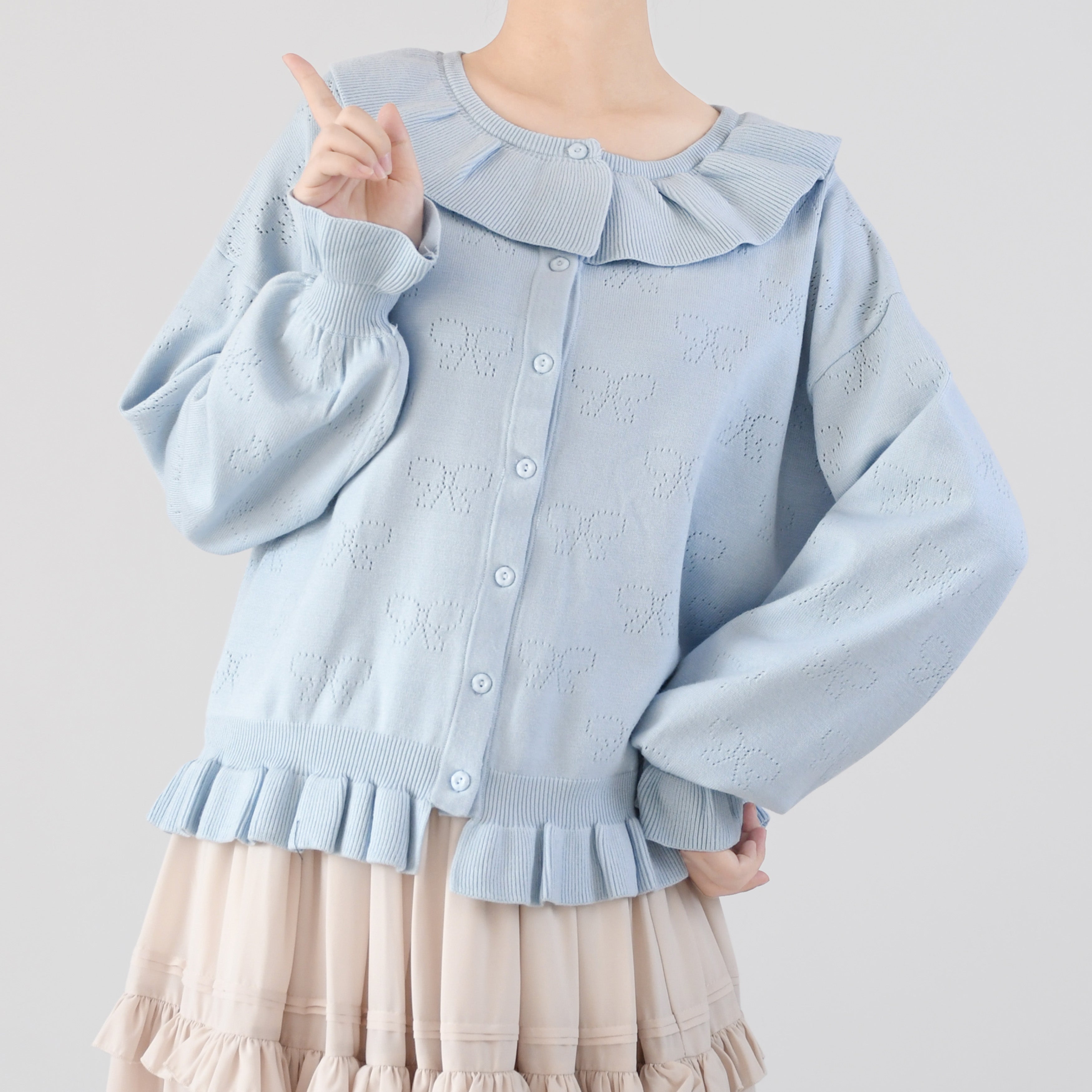 MIST~Vintage Lolita Bow Hollowed-out Sweater Ruffled Cardigan