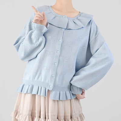 MIST~Vintage Lolita Bow Hollowed-out Sweater Ruffled Cardigan S light blue