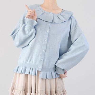 MIST~Vintage Lolita Bow Hollowed-out Sweater Ruffled Cardigan S light blue 