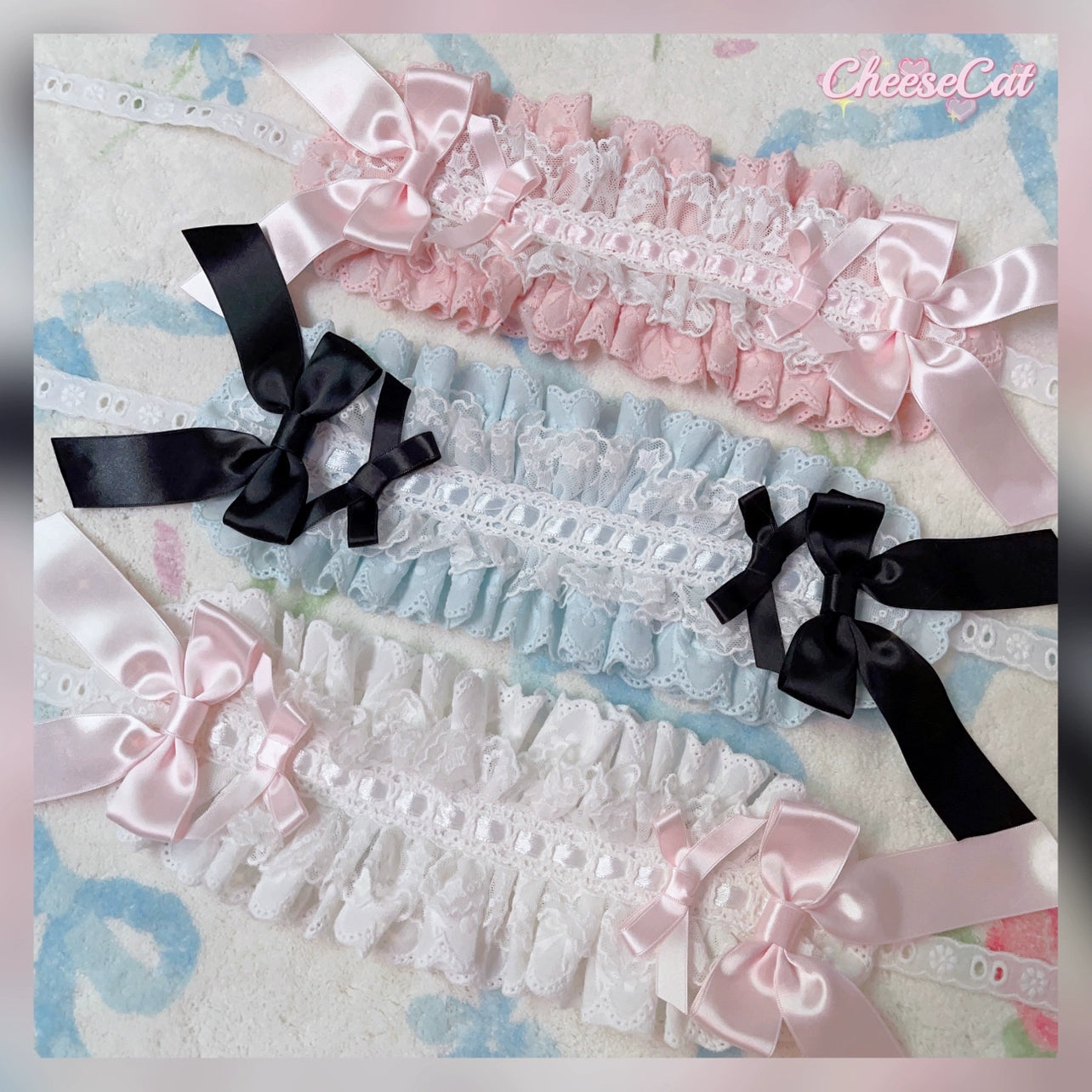 (BFM)Cheese Cat~Sweet Lolita Headband Ribbon Bow Headbands Blue and White - Black Bow  
